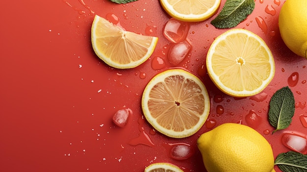 Roter Hintergrund mit Zutaten zur Herstellung von Limonade