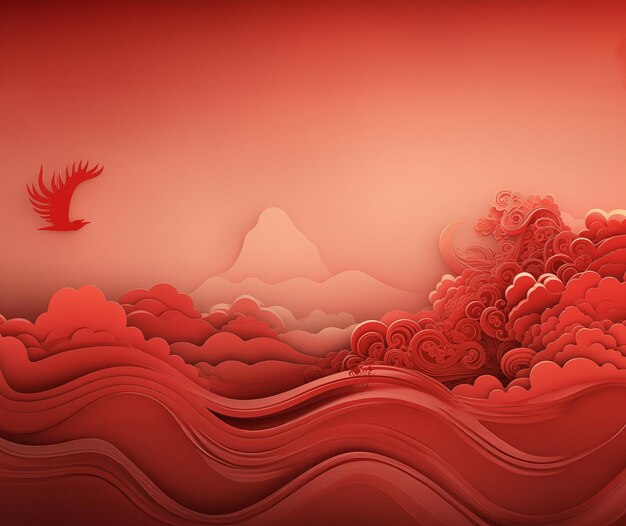 Roter Hintergrund schöne Aussicht roter Himmel und Meer GenerativeAI chinesischer Stil Papercut-Stil