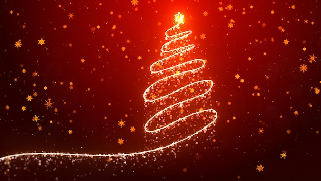 Roter Hintergrund Weihnachts-Geschenk-Geschenkkarten mit glänzendem Licht mit fallenden Partikeln, Schneeflocken und Sternen 3D-Rendering