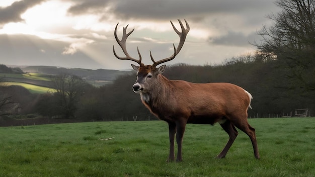 Roter Hirsch (Cervus elaphus) steht ruhig auf der Wiese