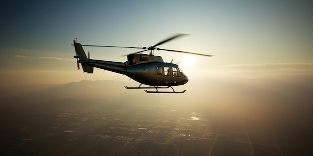 Foto roter hubschrauber robinson r44 fliegt am blauen himmel