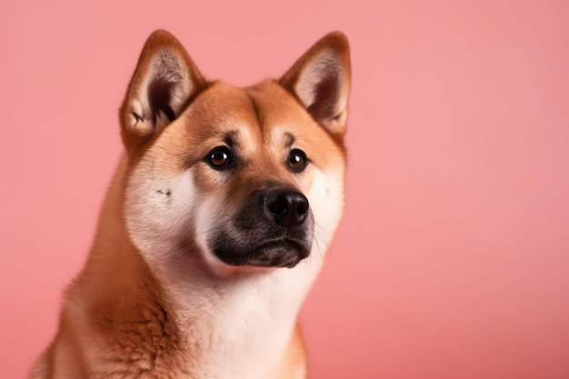 Roter Hund japanischer Akita Inu auf rosa Hintergrund Nahaufnahme das Konzept der Liebe zu Hunden