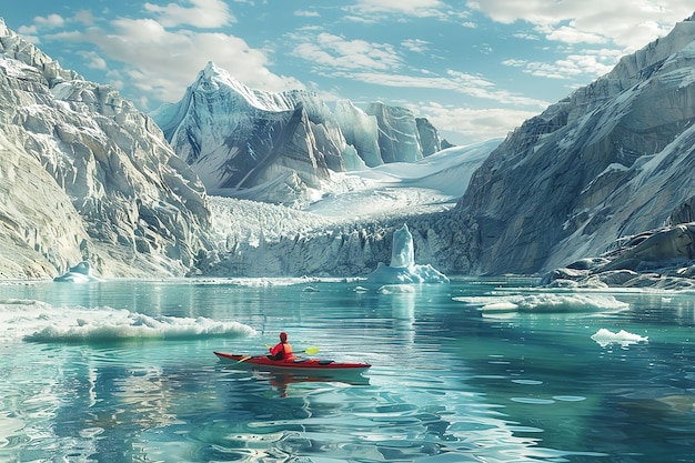 Roter Kajak in eiskaltem blauem Wasser zwischen hohen Gletschern