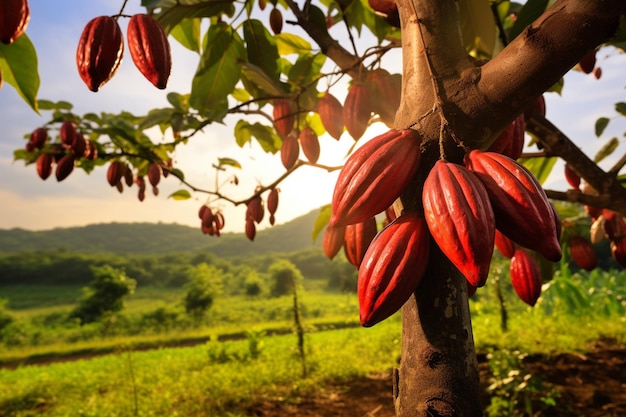 Foto roter kakao-korn auf dem baum auf dem feld kakao theobroma cacao l ist ein kultivierter baum in plantagen