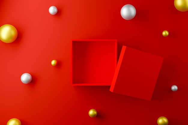 Roter Kasten offen auf rotem Hintergrund mit Kugelkugelsilber und -goldfarbe. 3D-Darstellung