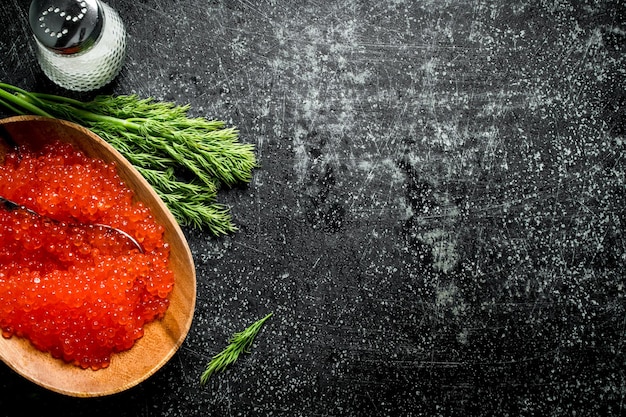 Roter Kaviar in einer Schüssel mit Salz und Dill
