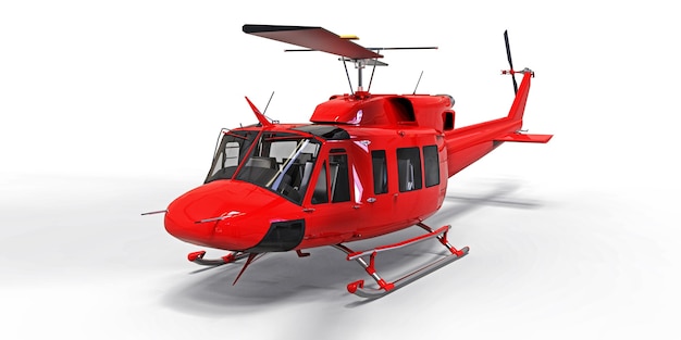 Roter kleiner Militärtransporthubschrauber auf weißem lokalisiertem Hintergrund. Der Helikopter-Rettungsdienst. Lufttaxi. Hubschrauber für Polizei, Feuerwehr, Krankenwagen und Rettungsdienst. 3D-Darstellung.