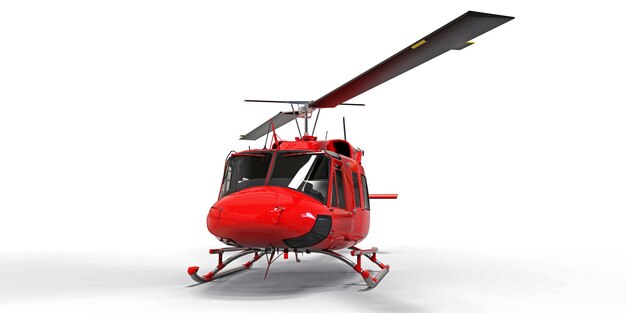 Roter kleiner Militärtransporthubschrauber auf weißem lokalisiertem Hintergrund. Der Helikopter-Rettungsdienst. Lufttaxi. Hubschrauber für Polizei, Feuerwehr, Krankenwagen und Rettungsdienst. 3D-Darstellung.