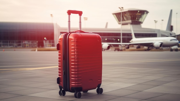Roter Koffer des Reisenden am Flughafen vor Abflug Welttourismustag-Konzept Generative KI