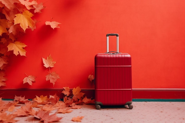 Roter Koffer und orangefarbene Blätter auf rotem Wandhintergrund mit orangefarbenen Blättern, die auf den Boden fallen und die Essenz des Herbstes einfangen. Erstellt mit generativer KI-Technologie