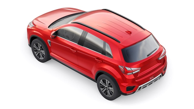 Roter kompakter urbaner SUV auf einem weißen einheitlichen Hintergrund mit einem leeren Körper für Ihr Design 3D-Rendering