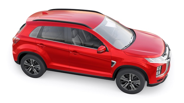 Roter kompakter urbaner SUV auf einem weißen einheitlichen Hintergrund mit einem leeren Körper für Ihr Design 3D-Rendering