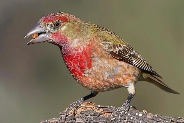 Foto roter kreuzschnabelvogel frisst auf einem baumzweig