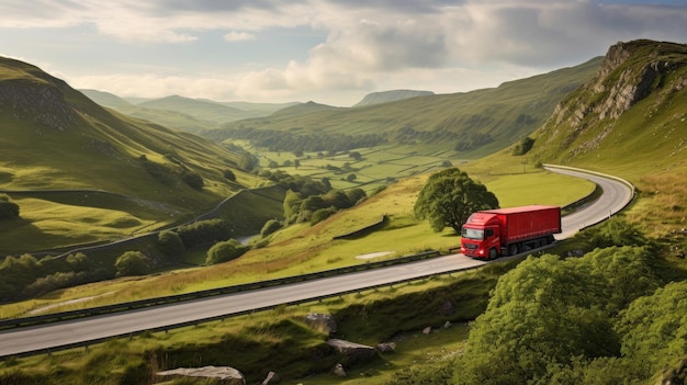 Roter Lastwagen auf der Serpentine Road in der grünen Landschaft des Peak District Nationalparks in Großbritannien