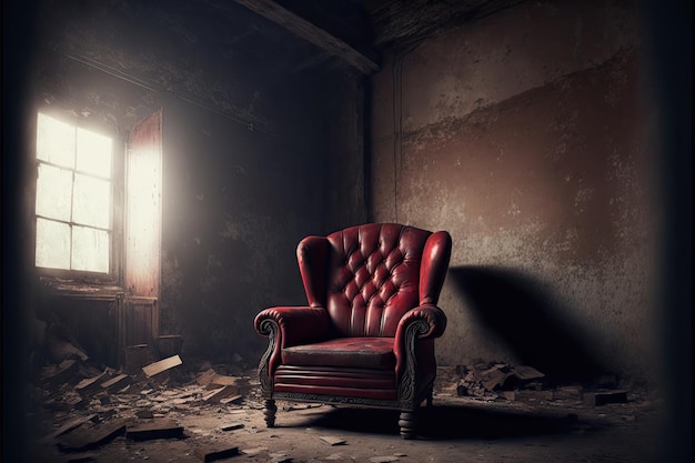 Roter Ledersessel in einem schmutzigen, verlassenen alten Raum, geschaffen mit generativer KI