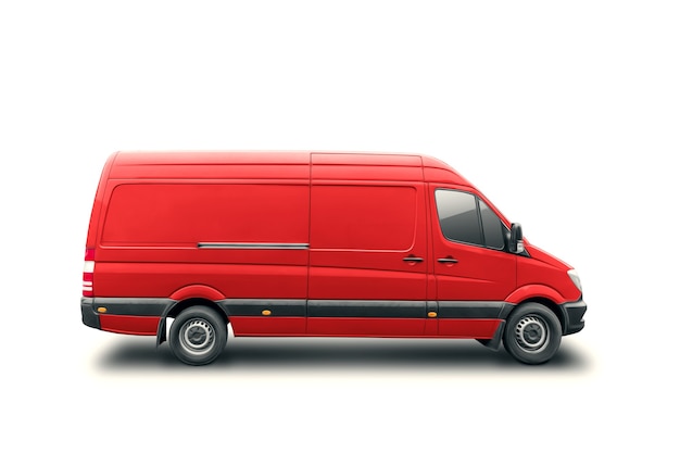 Roter Lieferwagen isoliert auf weißem Hintergrund. Weltweites Lieferkonzept, neue Technologien, Umzug. 3D-Darstellung, 3D-Rendering