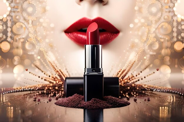 Roter Lippenstift-Hintergrund mit einem Mund mit rotem Lippenstift. Konzept von Eleganz, Zartheit und Schönheit