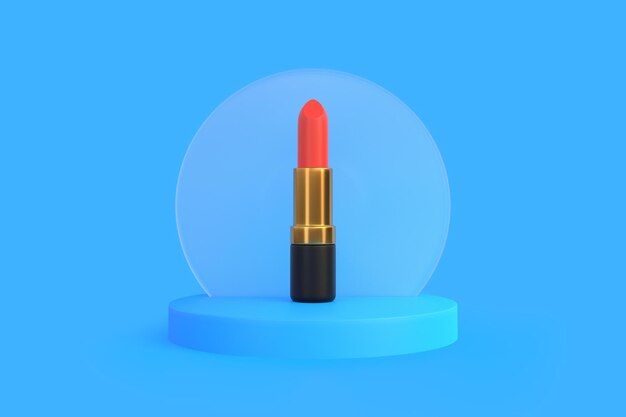 Roter Lippenstift in Nahaufnahme auf pastellblauem Hintergrund mit Kopierraum. 3D-Rendering von Damenkosmetik