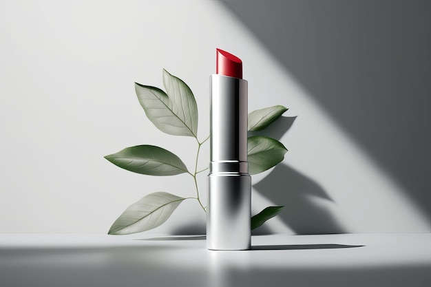 roter Lippenstift in silberner Kosmetiktube mit einem Blatt an der Seite auf hellem Hintergrund Generative KI