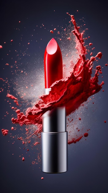 Roter Lippenstift mit einem Spritzer roter Flüssigkeit darüber Generative KI
