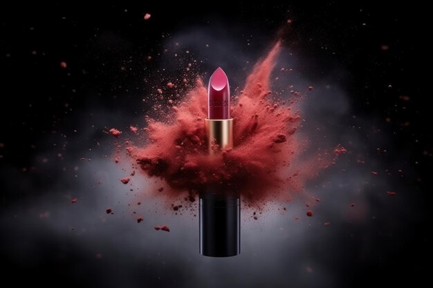 Roter Lippenstift mit einer starken Explosion von rotem Staub