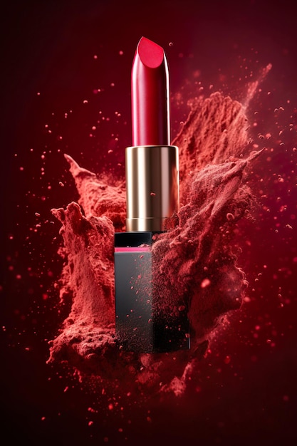 Roter Lippenstift mit Spritzer auf dunklem Hintergrund generative ai