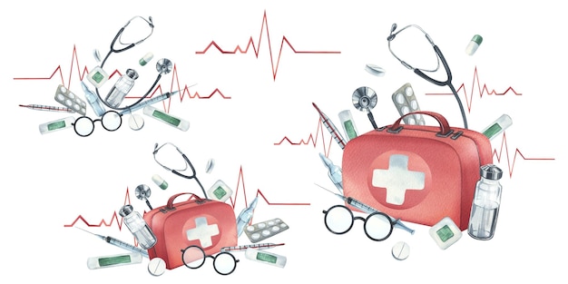 Roter medizinischer Koffer, Erste-Hilfe-Kasten mit Stethoskop, Injektionen, Gips, Pillen und Gläsern. Aquarell-Illustration, handgezeichnet, eine Reihe von Kompositionen, isoliert auf weißem Hintergrund