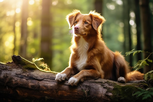 Roter Nova Scotia Duck Tolling Retriever, fotografiert in einem Wald, sitzend auf einem Baumstamm