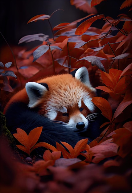 Roter Panda, der auf einem Bett aus Blättern ein Nickerchen macht, sein Bauch hebt und senkt sich mit jedem Atemzug generativer ai