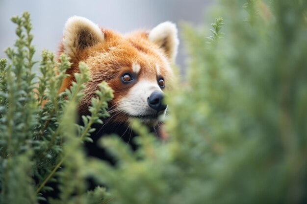 Roter Panda, der hinter dem Laub schaut