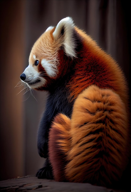 Roter Panda hält inne, um hinter seinem Ohr seinen flauschigen Schwanz zu kratzen, der sich um seinen Körper kräuselt