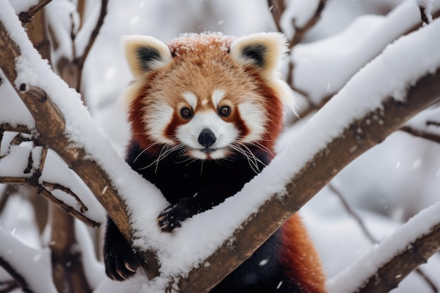 Roter Panda im schneebedeckten Baum