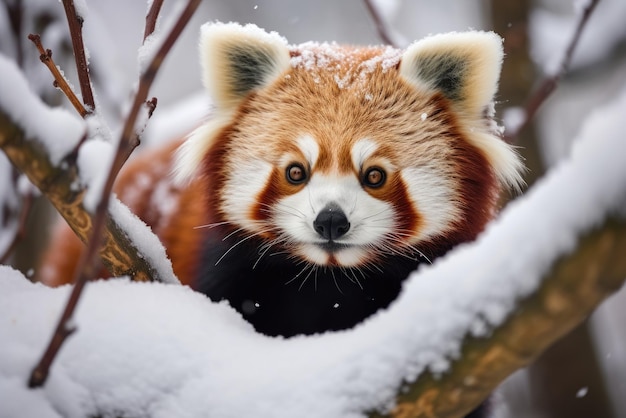 Roter Panda im schneebedeckten Baum