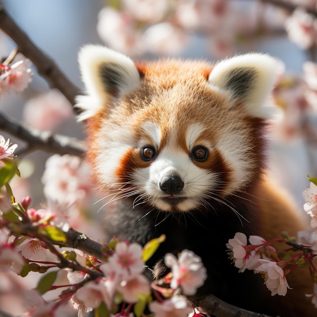 Roter Panda in einem Kirschblütenbaum