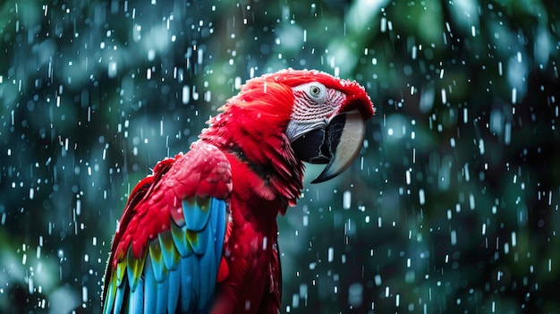 Roter Papagei steht im Regen