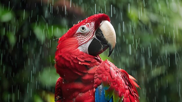 Roter Papagei steht im Regen