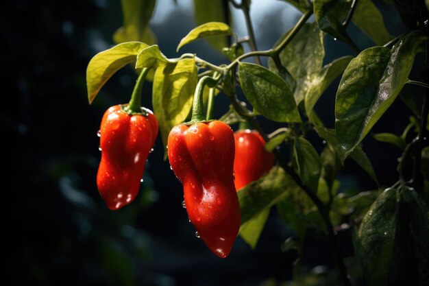 Roter Pfeffer wächst am sonnigen Tag im Gemüsegarten