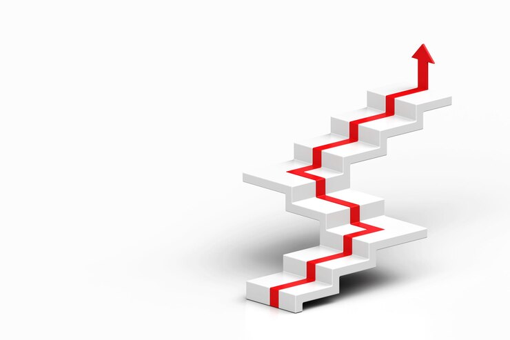 Foto roter pfeil folgt der treppe des wachstums auf weißem hintergrund 3d-pfeil klettert über eine treppe 3d-treppe mit pfeil nach oben 3d-rendering