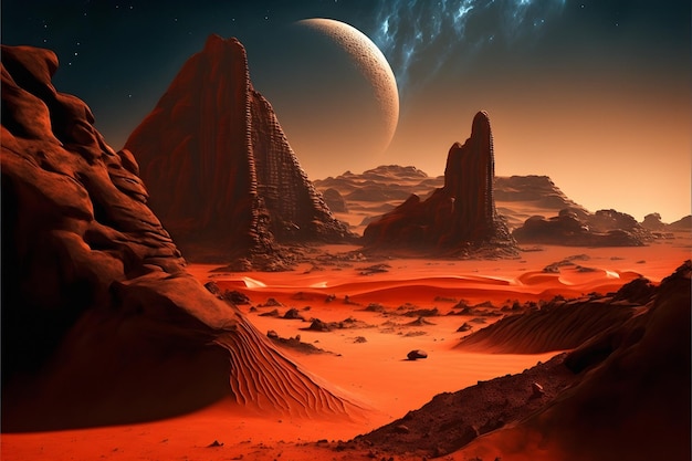 Roter Planet mit trockener Landschaft, felsigen Hügeln und Bergen und einem riesigen marsähnlichen Mond am Horizont