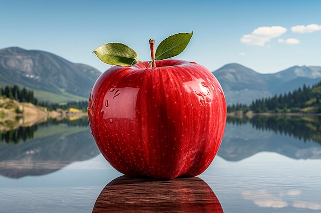 Roter reifer Apfel auf Holzoberfläche mit wunderschönem Landschaftshintergrund