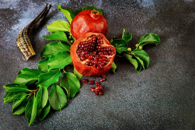 Roter reifer Granatapfel mit Horn oder Schofar. Jüdischer Feiertag Jom Kippur.