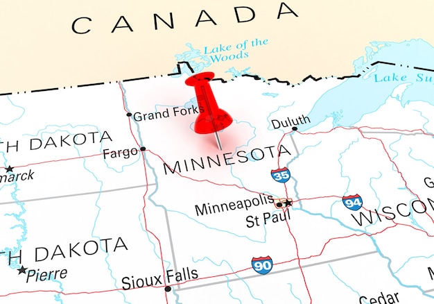 Roter Reißzwecke über der Karte des Staates Minnesota USA. 3D-Rendering