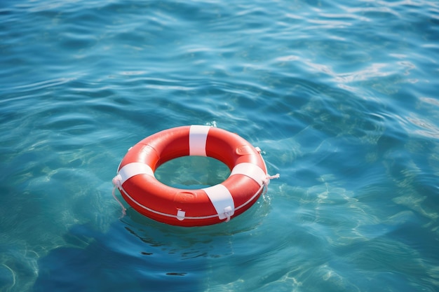 Roter Rettungsschwimmerring auf blauem Wasser mit Blendung von Sonnenschutzgeräten Oberflächentextur des Meeres oder Ozeans