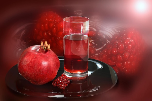 Roter saftiger Granatapfel und Samen auf rotem Grund