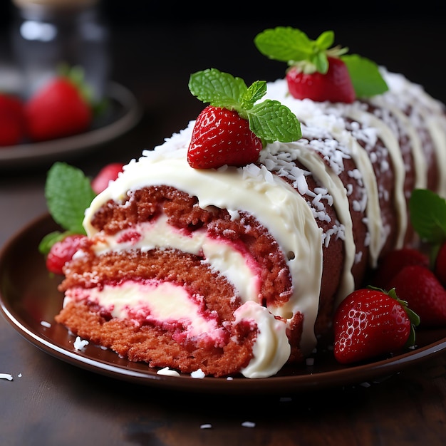 Roter Samt-Rollkuchen mit Sahne und frischen Erdbeeren auf hellem Hintergrund