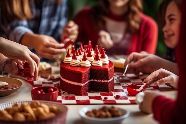 Roter Samtkuchen, der von einer vielfältigen Gruppe von Menschen auf einer Party oder einem Treffen genossen wird