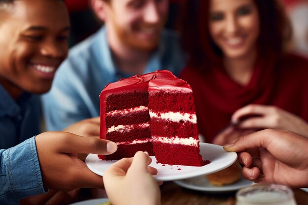 Roter Samtkuchen, der von einer vielfältigen Gruppe von Menschen auf einer Party oder einem Treffen genossen wird