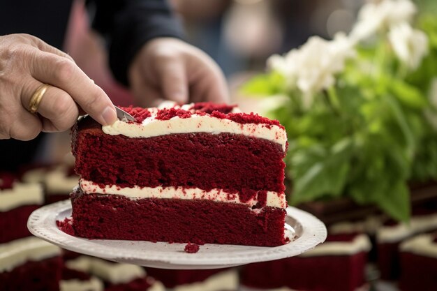 Roter Samtkuchen, der von einer vielfältigen Gruppe von Menschen auf einer Party oder einem Treffen genossen wird