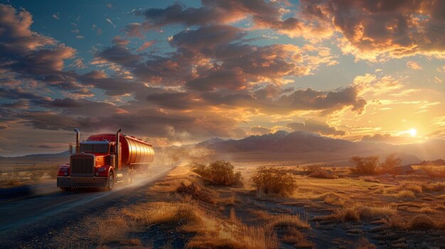 Roter Semi-LKW transportiert Fracht auf einer Autobahn durch eine Wüste bei einem majestätischen Sonnenuntergang