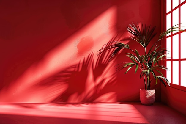 Roter Studio-Hintergrund mit Fensterschatten, Palmblätter, Kopierraum
